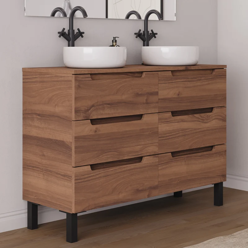 Meuble de salle de bain 140cm avec plateau et 2 vasques à poser rondes - 6 tiroirs - RIZA