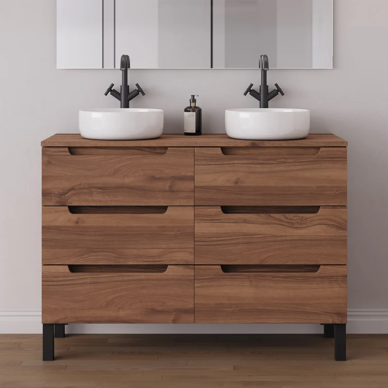Meuble de salle de bain 140cm avec plateau et 2 vasques à poser rondes - 6 tiroirs - RIZA