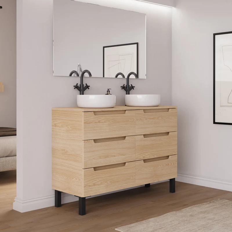 Meuble de salle de bain 140cm avec plateau et 2 vasques à poser rondes - 6 tiroirs - RIZA