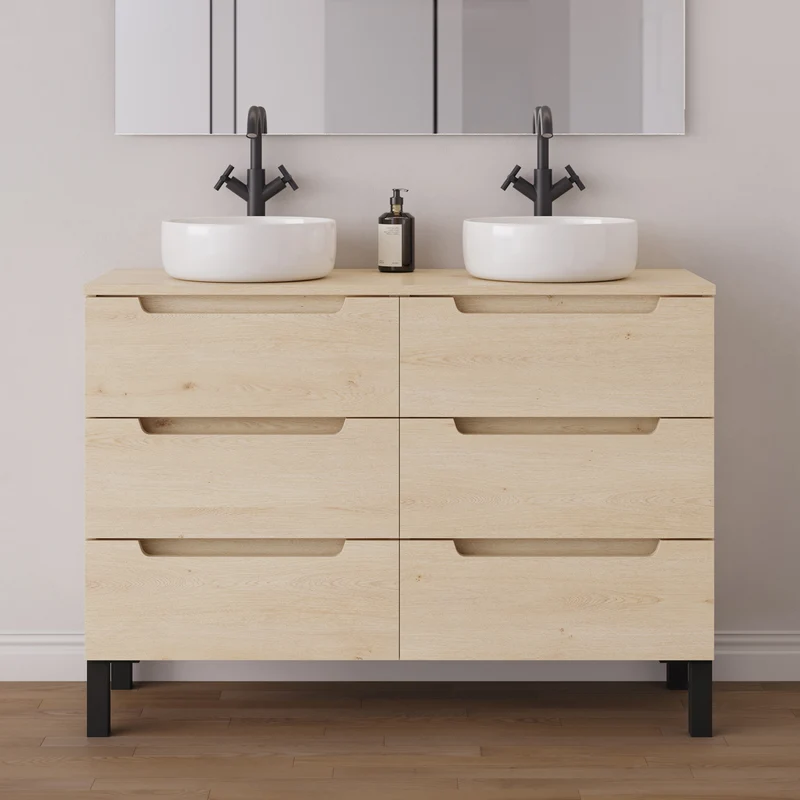 Meuble de salle de bain 140cm avec plateau et 2 vasques à poser rondes - 6 tiroirs - RIZA