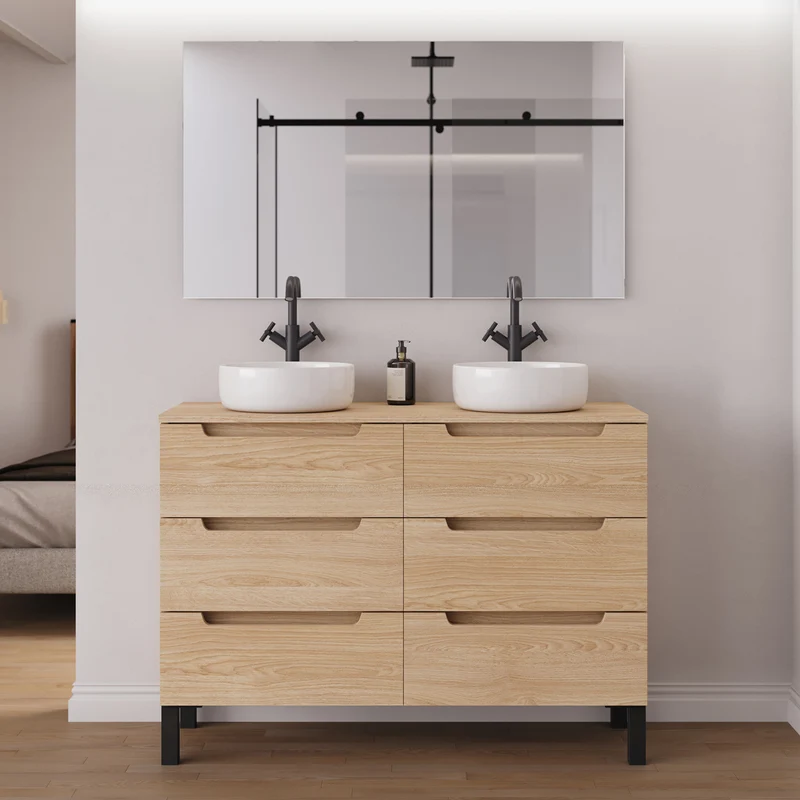 Meuble de salle de bain 140cm avec plateau et 2 vasques à poser rondes - 6 tiroirs - RIZA