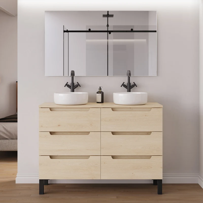 Meuble de salle de bain 140cm avec plateau et 2 vasques à poser rondes - 6 tiroirs - RIZA