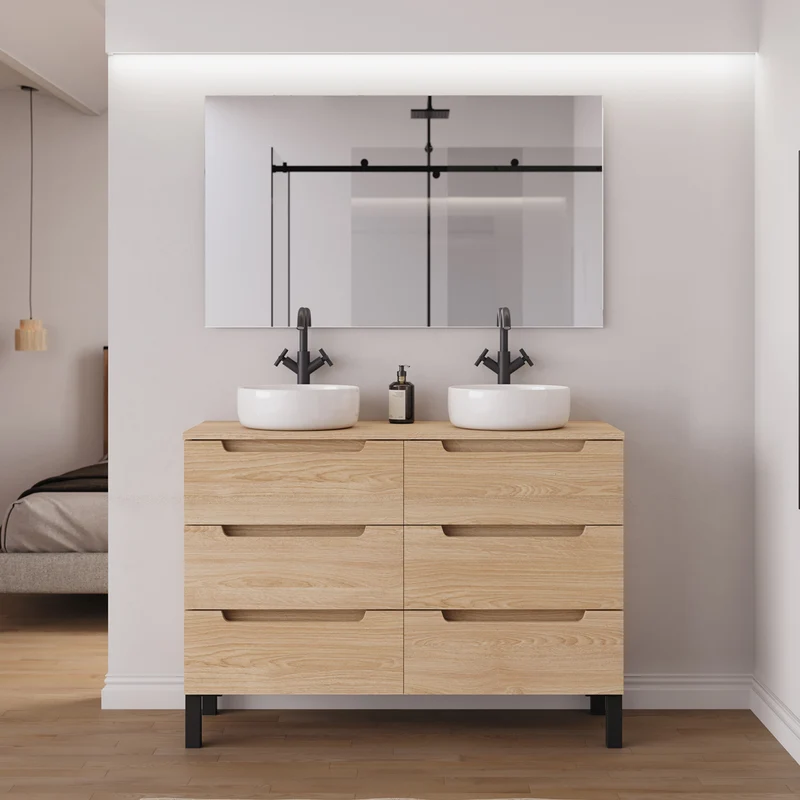 Meuble de salle de bain 140cm avec plateau et 2 vasques à poser rondes - 6 tiroirs - RIZA