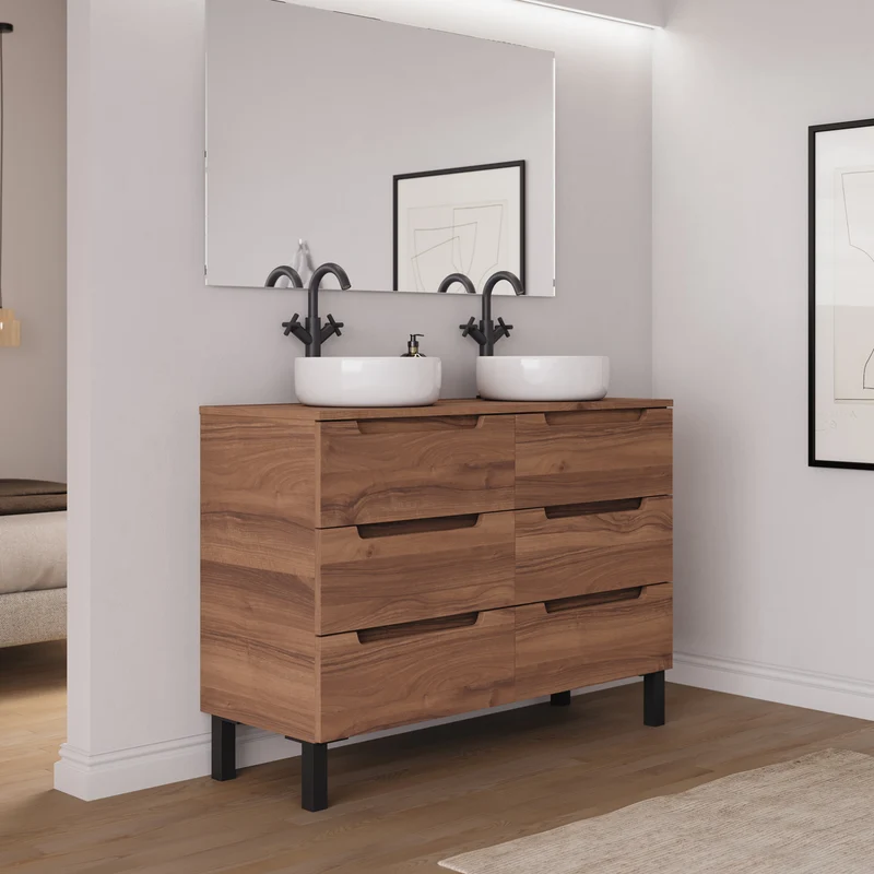 Meuble de salle de bain 140cm avec plateau et 2 vasques à poser rondes - 6 tiroirs - RIZA