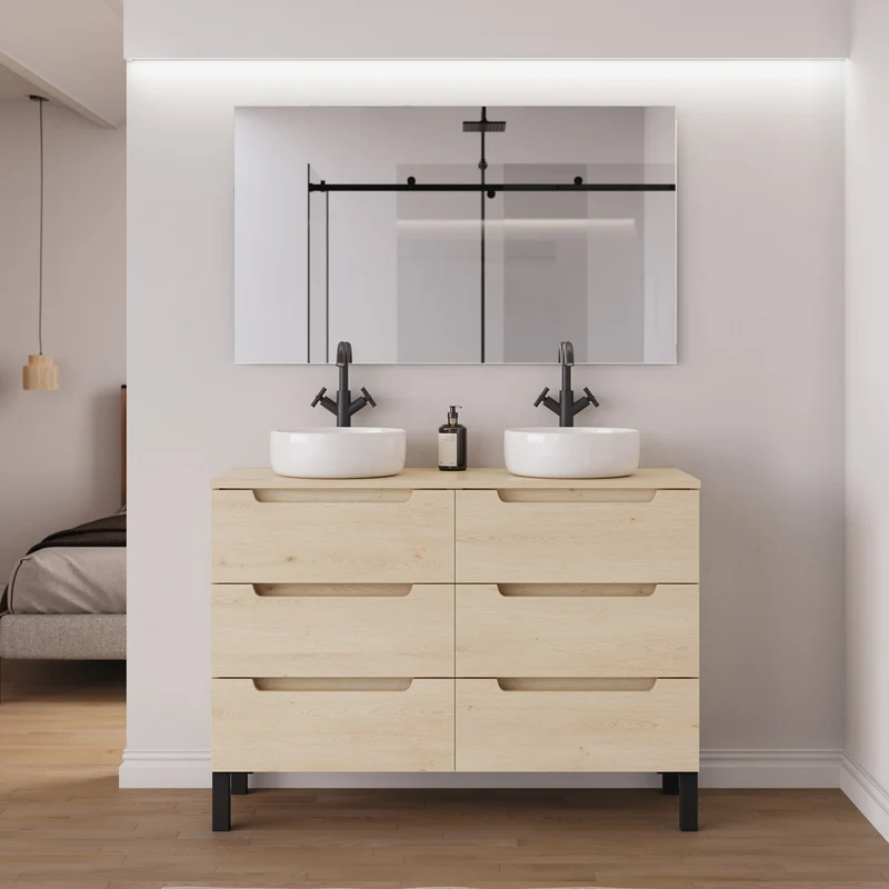Meuble de salle de bain 140cm avec plateau et 2 vasques à poser rondes - 6 tiroirs - RIZA