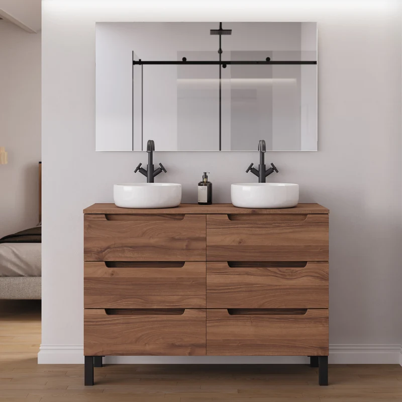 Meuble de salle de bain 140cm avec plateau et 2 vasques à poser rondes - 6 tiroirs - RIZA