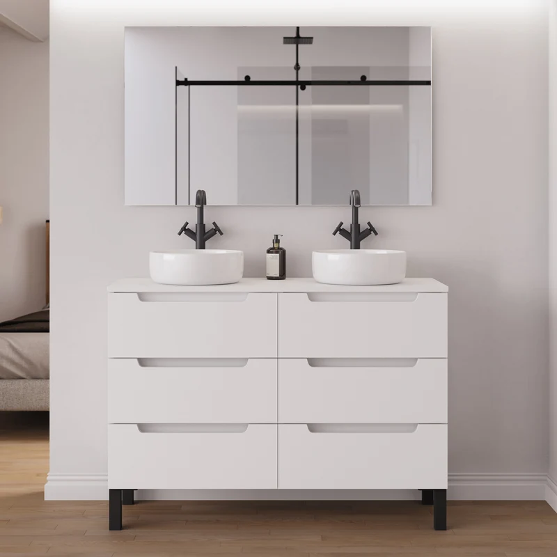 Meuble de salle de bain 140cm avec plateau et 2 vasques à poser rondes - 6 tiroirs - RIZA