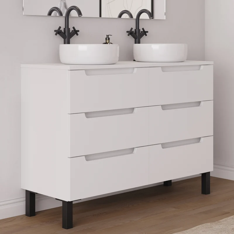 Meuble de salle de bain 140cm avec plateau et 2 vasques à poser rondes - 6 tiroirs - RIZA