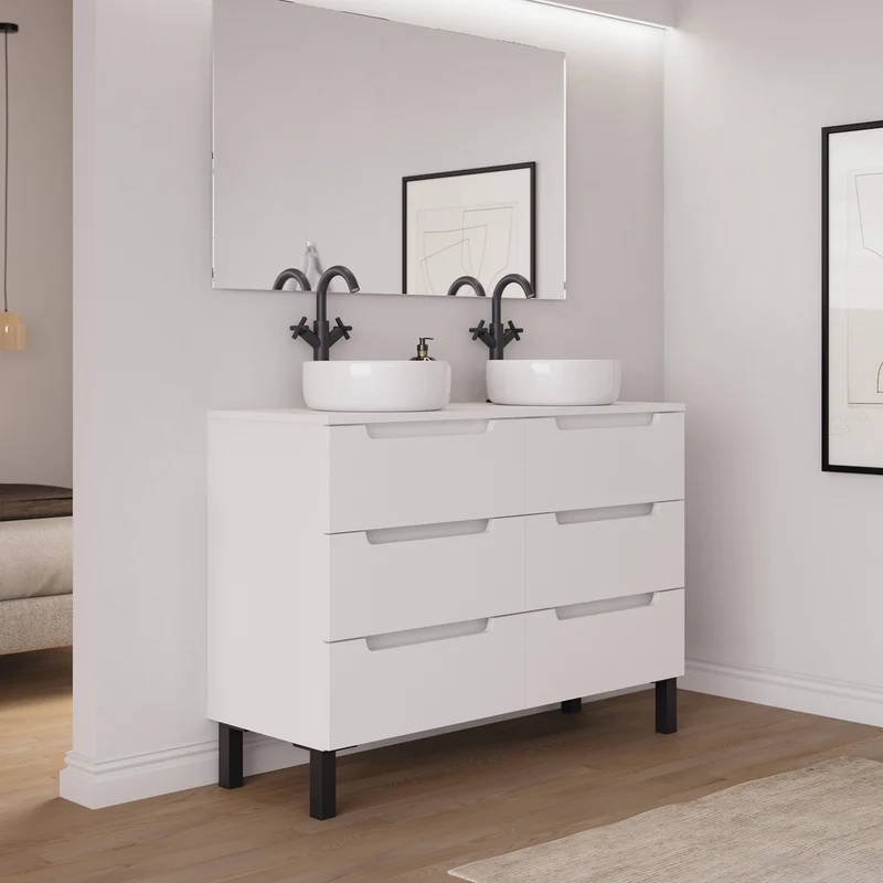 Meuble de salle de bain 140cm avec plateau et 2 vasques à poser rondes - 6 tiroirs - RIZA