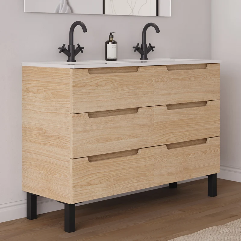 Meuble de salle de bain 140cm double vasque - 6 tiroirs - RIZA