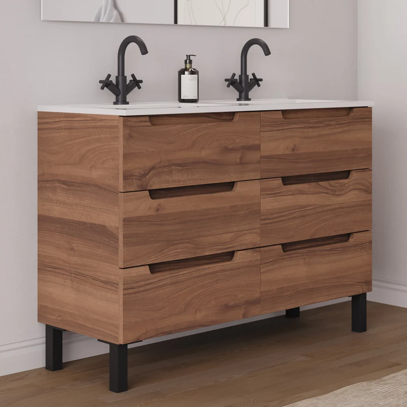 Meuble de salle de bain 140cm double vasque - 6 tiroirs - RIZA