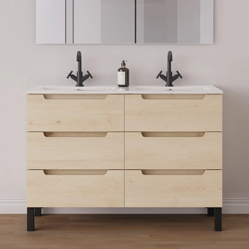 Meuble de salle de bain 140cm double vasque - 6 tiroirs - RIZA
