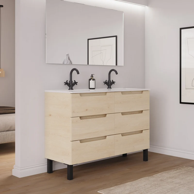 Meuble de salle de bain 140cm double vasque - 6 tiroirs - RIZA