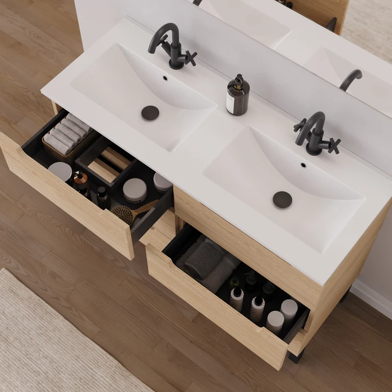 Meuble de salle de bain 140cm double vasque - 6 tiroirs - RIZA