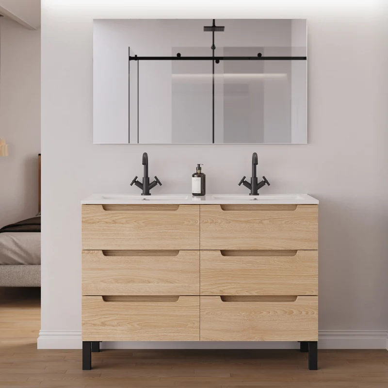 Meuble de salle de bain 140cm double vasque - 6 tiroirs - RIZA