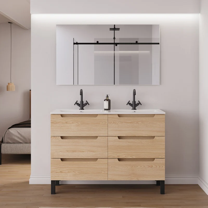 Meuble de salle de bain 140cm double vasque - 6 tiroirs - RIZA