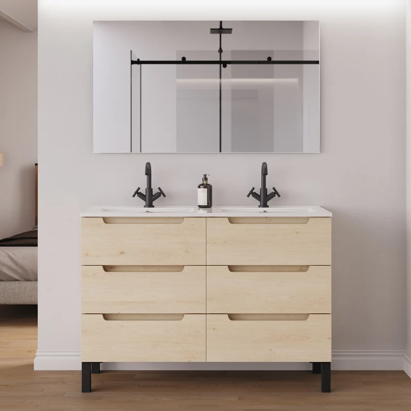 Meuble de salle de bain 140cm double vasque - 6 tiroirs - RIZA
