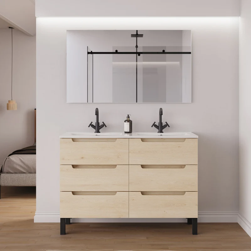Meuble de salle de bain 140cm double vasque - 6 tiroirs - RIZA