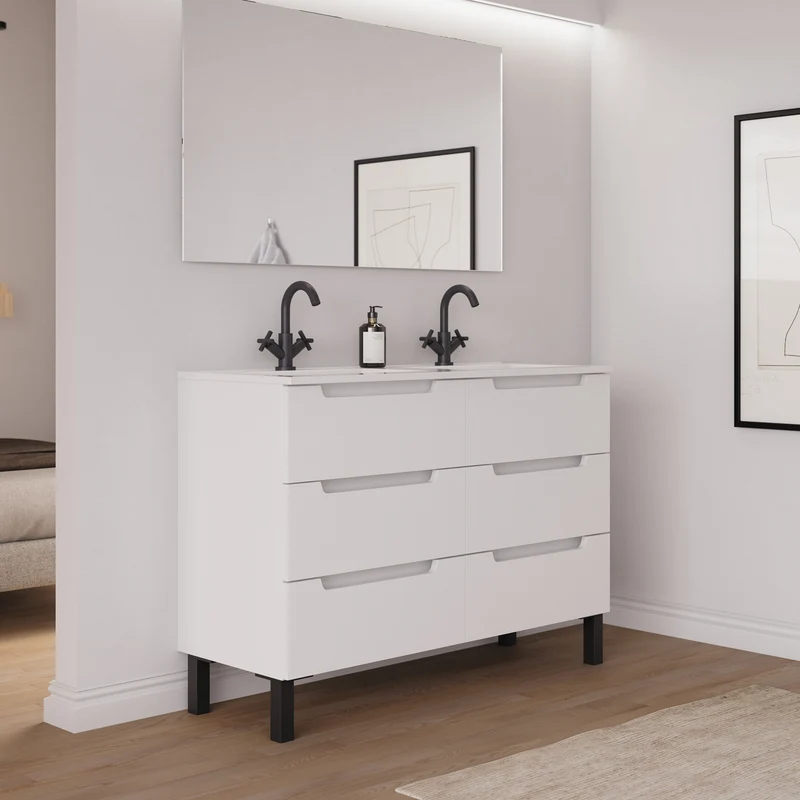 Meuble de salle de bain 140cm double vasque - 6 tiroirs - RIZA