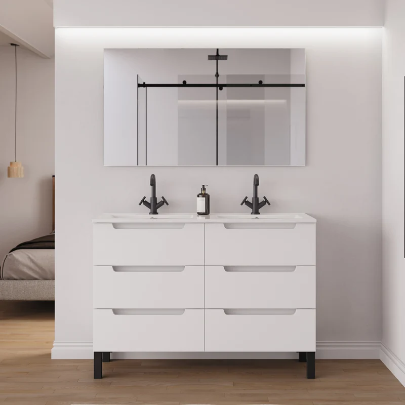 Meuble de salle de bain 140cm double vasque - 6 tiroirs - RIZA