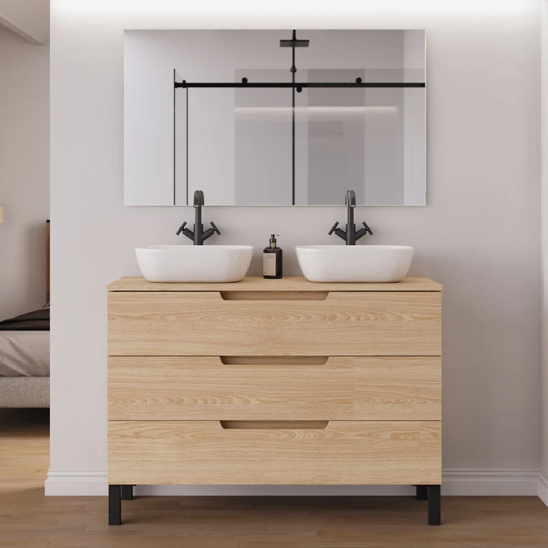 Meuble de salle de bain 120cm avec plateau et 2 vasques à poser arrondies - 3 tiroirs - RIZA