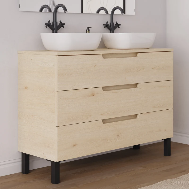 Meuble de salle de bain 120cm avec plateau et 2 vasques à poser arrondies - 3 tiroirs - RIZA