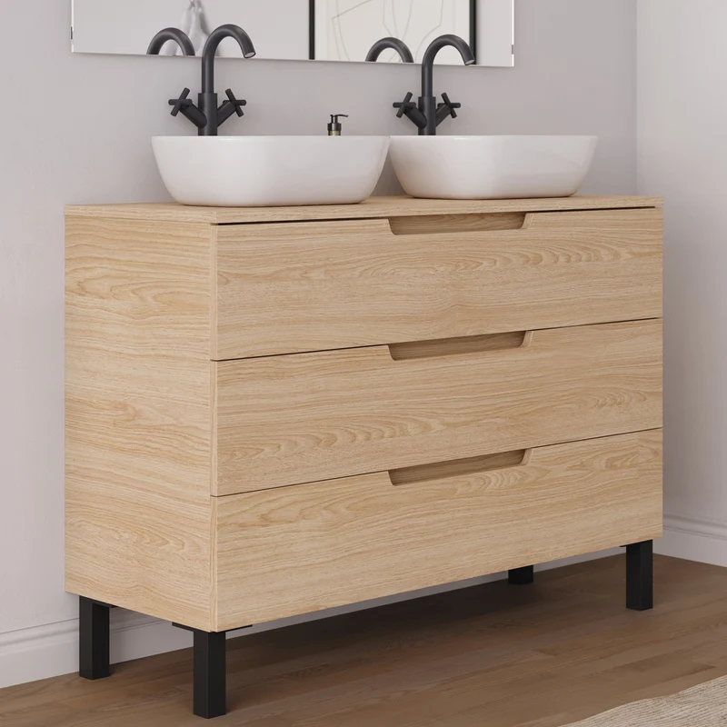 Meuble de salle de bain 120cm avec plateau et 2 vasques à poser arrondies - 3 tiroirs - RIZA