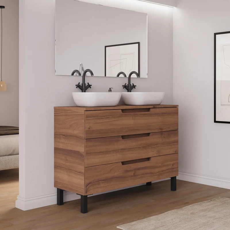 Meuble de salle de bain 120cm avec plateau et 2 vasques à poser arrondies - 3 tiroirs - RIZA