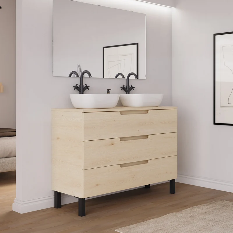 Meuble de salle de bain 120cm avec plateau et 2 vasques à poser arrondies - 3 tiroirs - RIZA
