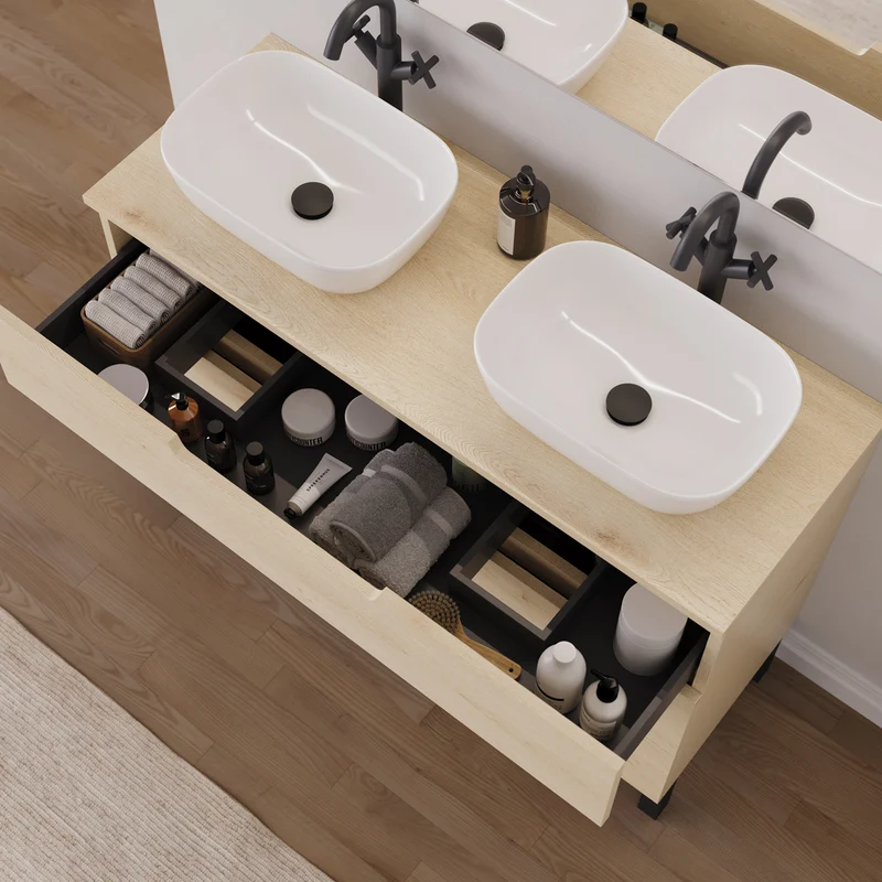 Meuble de salle de bain 120cm avec plateau et 2 vasques à poser arrondies - 3 tiroirs - RIZA