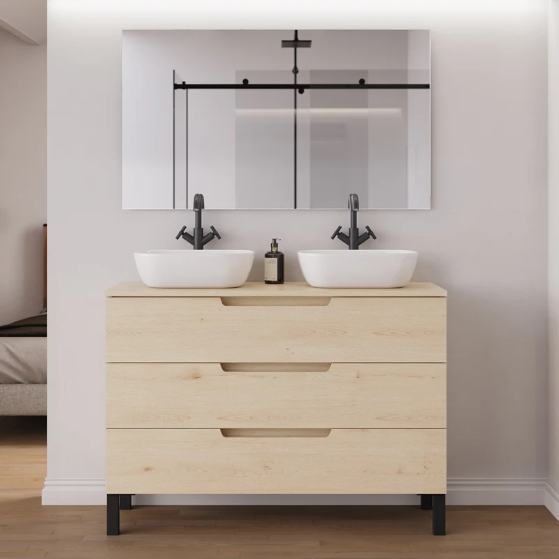 Meuble de salle de bain 120cm avec plateau et 2 vasques à poser arrondies - 3 tiroirs - RIZA
