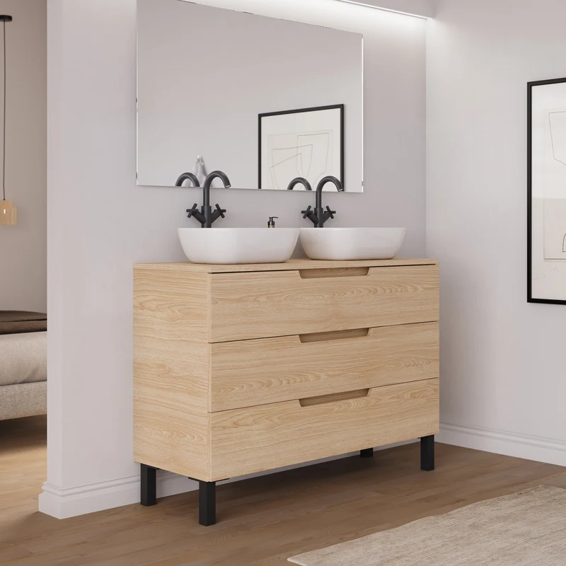 Meuble de salle de bain 120cm avec plateau et 2 vasques à poser arrondies - 3 tiroirs - RIZA