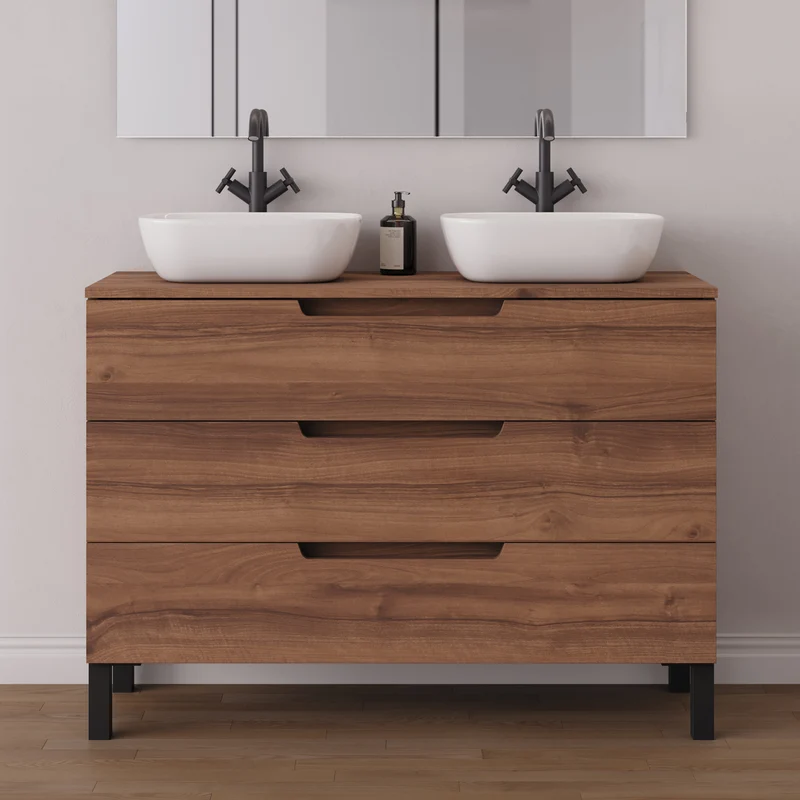 Meuble de salle de bain 120cm avec plateau et 2 vasques à poser arrondies - 3 tiroirs - RIZA