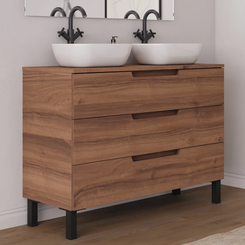 Meuble de salle de bain 120cm avec plateau et 2 vasques à poser arrondies - 3 tiroirs - RIZA