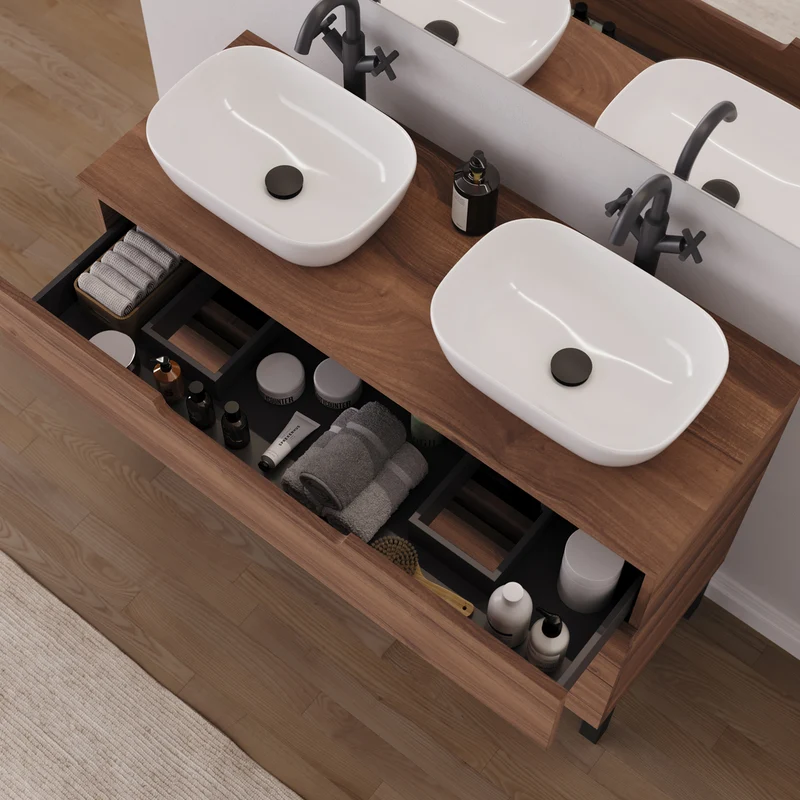 Meuble de salle de bain 120cm avec plateau et 2 vasques à poser arrondies - 3 tiroirs - RIZA