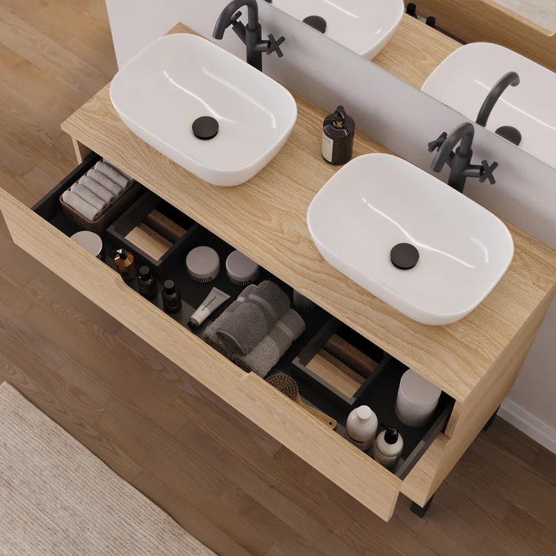 Meuble de salle de bain 120cm avec plateau et 2 vasques à poser arrondies - 3 tiroirs - RIZA
