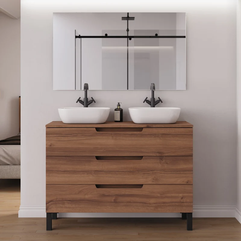 Meuble de salle de bain 120cm avec plateau et 2 vasques à poser arrondies - 3 tiroirs - RIZA