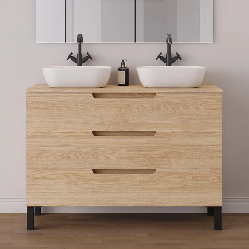 Meuble de salle de bain 120cm avec plateau et 2 vasques à poser arrondies - 3 tiroirs - RIZA