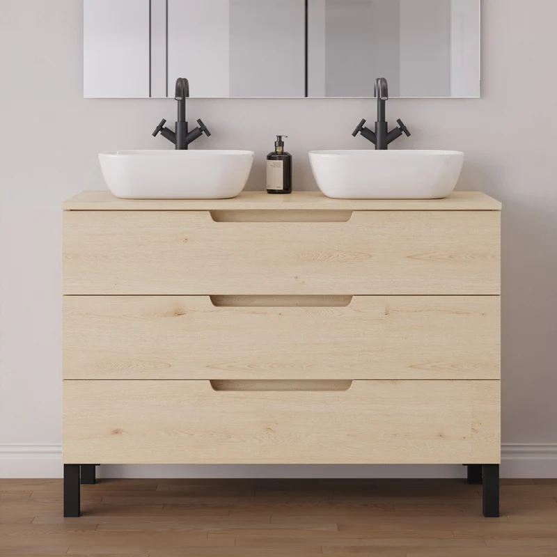 Meuble de salle de bain 120cm avec plateau et 2 vasques à poser arrondies - 3 tiroirs - RIZA