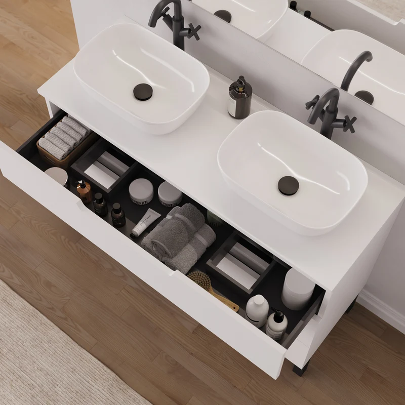 Meuble de salle de bain 120cm avec plateau et 2 vasques à poser arrondies - 3 tiroirs - RIZA