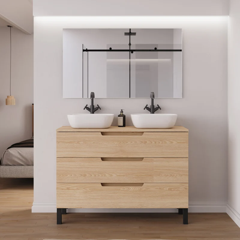 Meuble de salle de bain 120cm avec plateau et 2 vasques à poser arrondies - 3 tiroirs - RIZA