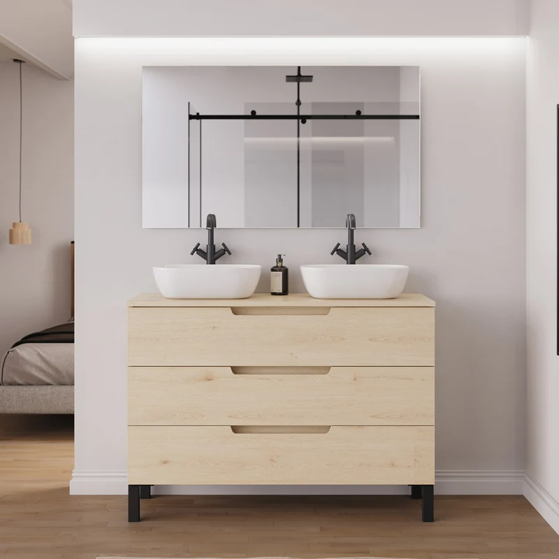 Meuble de salle de bain 120cm avec plateau et 2 vasques à poser arrondies - 3 tiroirs - RIZA
