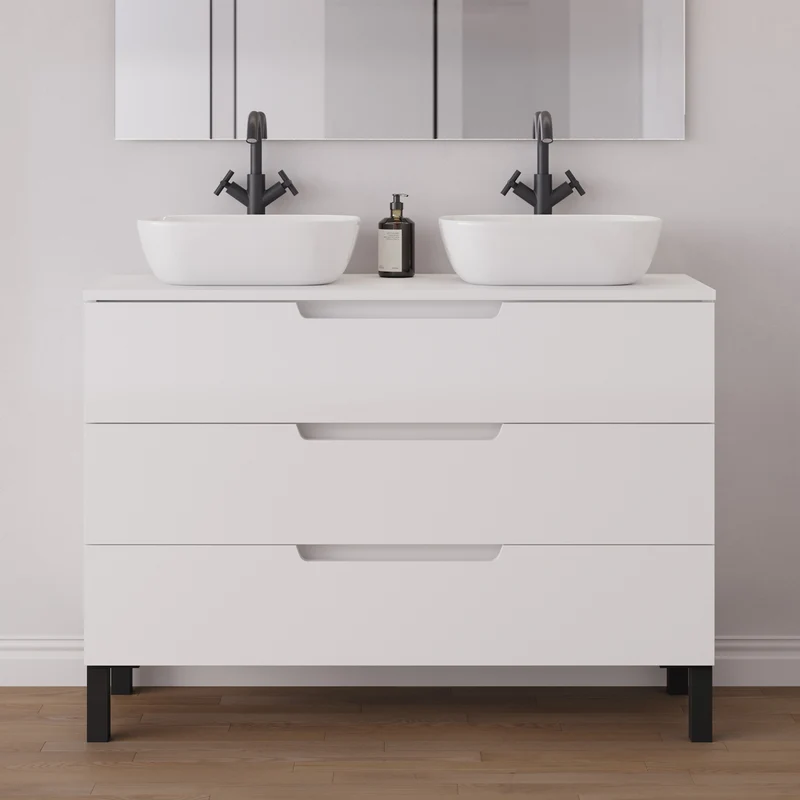 Meuble de salle de bain 120cm avec plateau et 2 vasques à poser arrondies - 3 tiroirs - RIZA