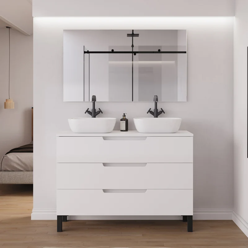 Meuble de salle de bain 120cm avec plateau et 2 vasques à poser arrondies - 3 tiroirs - RIZA