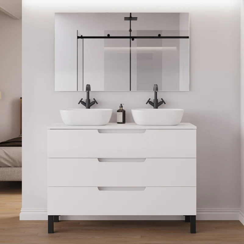 Meuble de salle de bain 120cm avec plateau et 2 vasques à poser arrondies - 3 tiroirs - RIZA