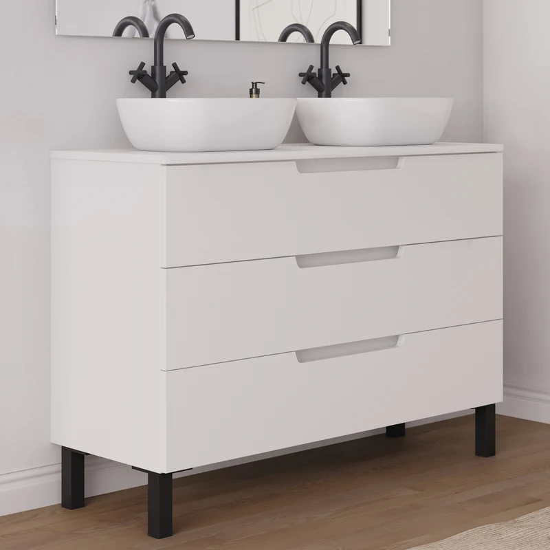 Meuble de salle de bain 120cm avec plateau et 2 vasques à poser arrondies - 3 tiroirs - RIZA