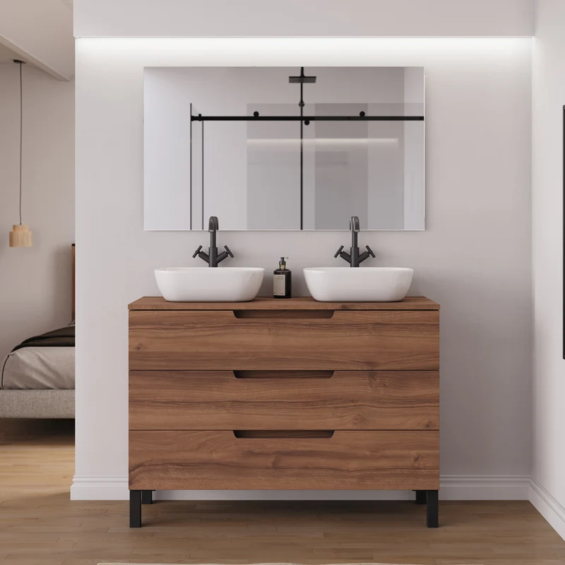 Meuble de salle de bain 120cm avec plateau et 2 vasques à poser arrondies - 3 tiroirs - RIZA