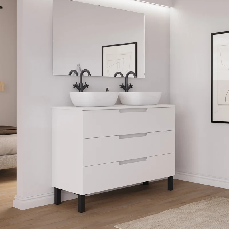 Meuble de salle de bain 120cm avec plateau et 2 vasques à poser arrondies - 3 tiroirs - RIZA