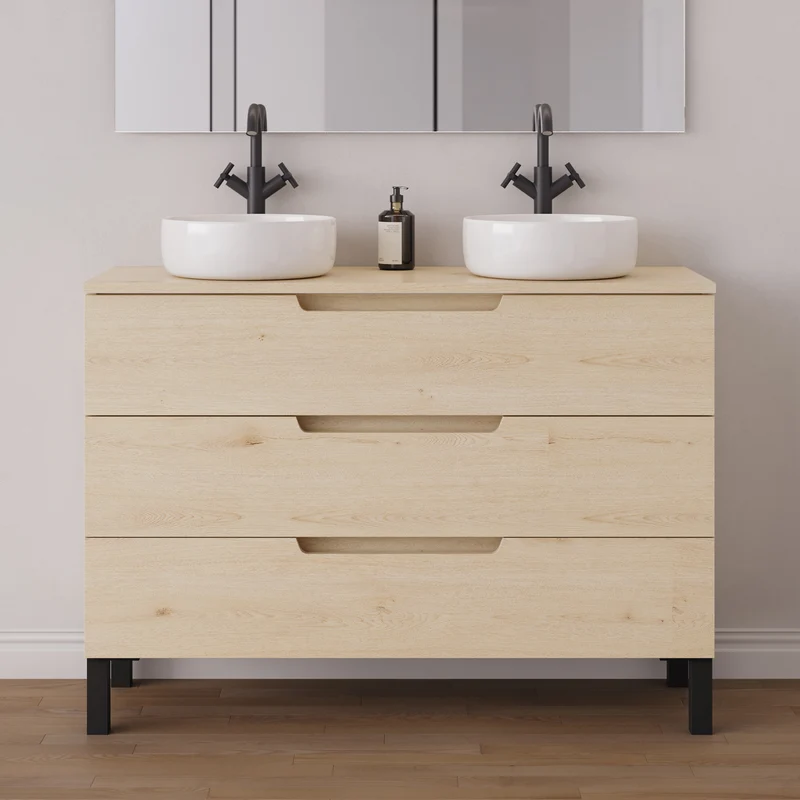 Meuble de salle de bain 120cm avec plateau et 2 vasques à poser rondes - 3 tiroirs - RIZA