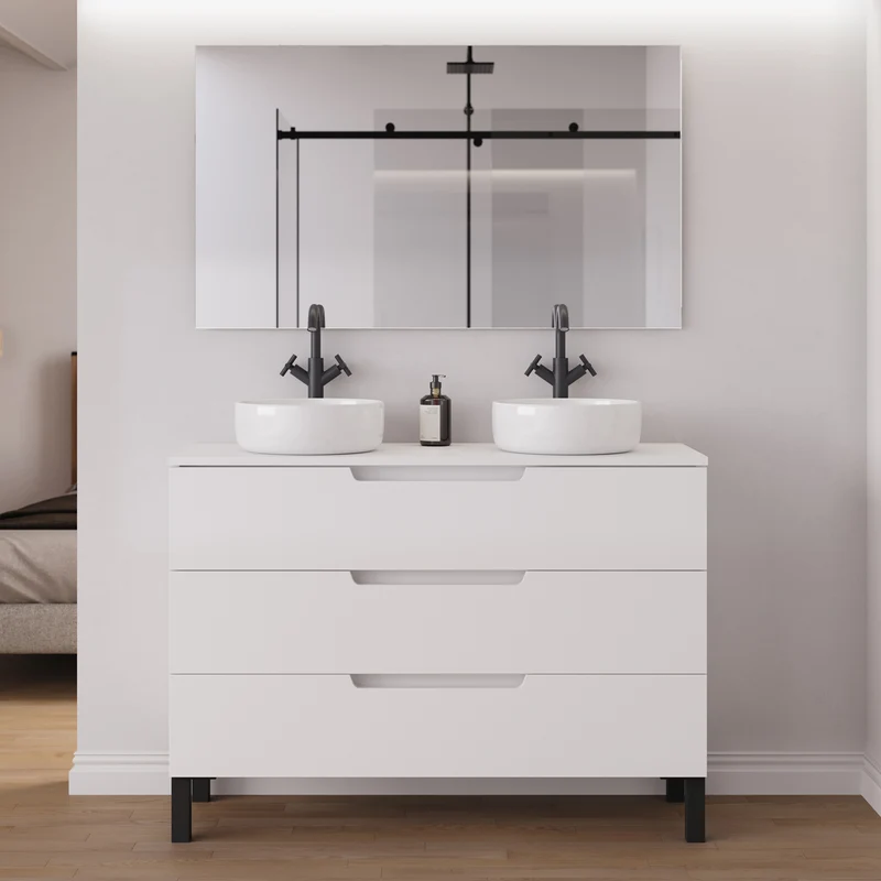 Meuble de salle de bain 120cm avec plateau et 2 vasques à poser rondes - 3 tiroirs - RIZA